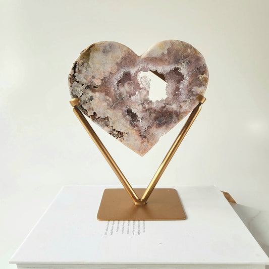 Pink Amethyst Carved Heart with Cluster on stand