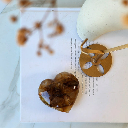 Golden Healer Quartz Manifestation Heart on stand