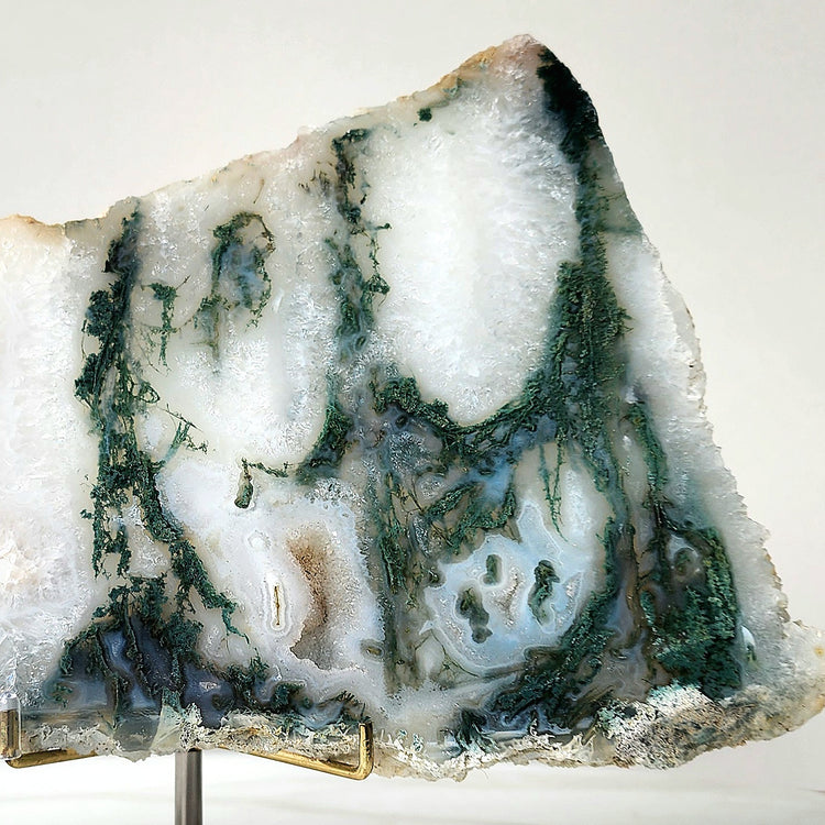 Moss Agate Crystal Slab Slice on stand