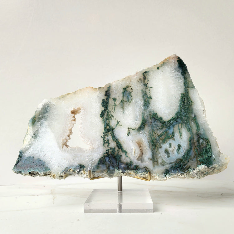 Moss Agate Crystal Slab Slice on stand