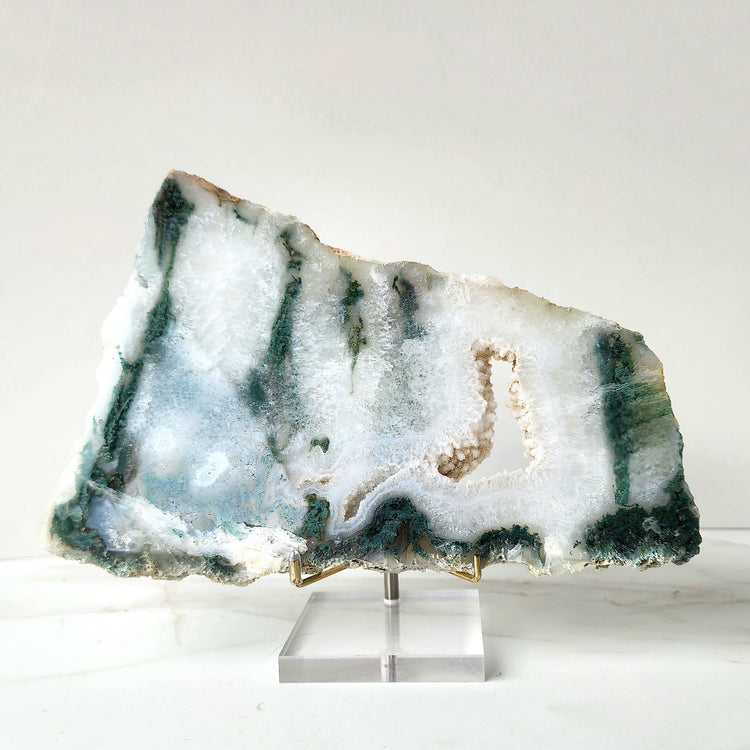 Moss Agate Crystal Slab Slice on stand