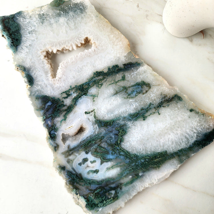 Moss Agate Crystal Slab Slice on stand