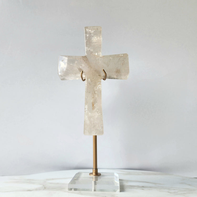 Clear Quartz Carved Cross on stand