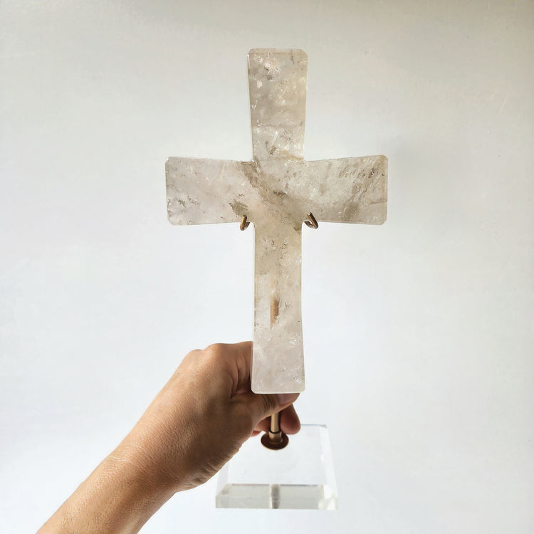 Clear Quartz Carved Cross on stand