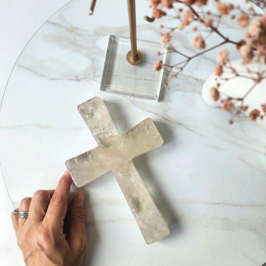 Clear Quartz Carved Cross on stand