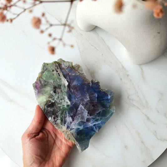 Rainbow Fluorite Crystal Slab Slice on stand