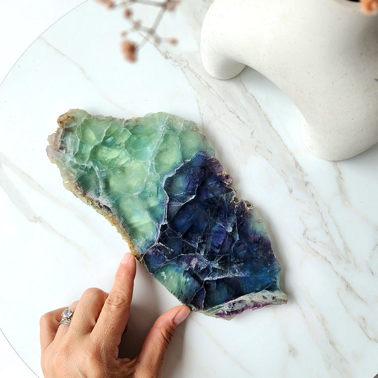 Green / Blue Fluorite Crystal Slab Slice on stand AA 2