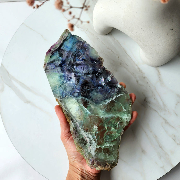 Green / Blue Fluorite Crystal Slab Slice on stand AA 2