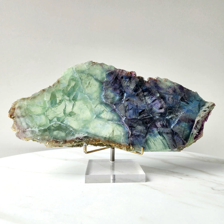 Green / Blue Fluorite Crystal Slab Slice on stand AA 2