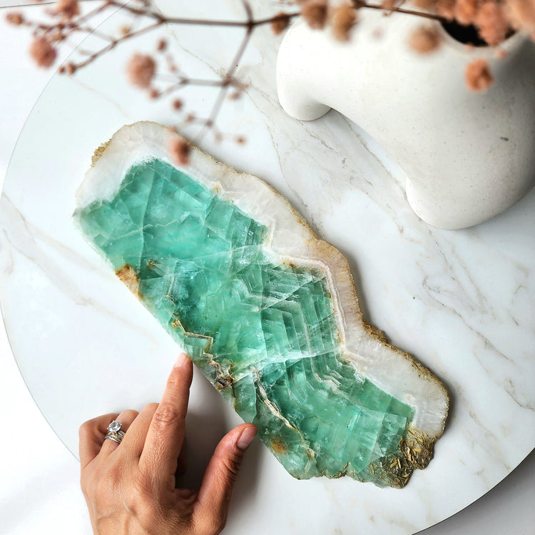 Green Fluorite Crystal Slab Slice on Stand