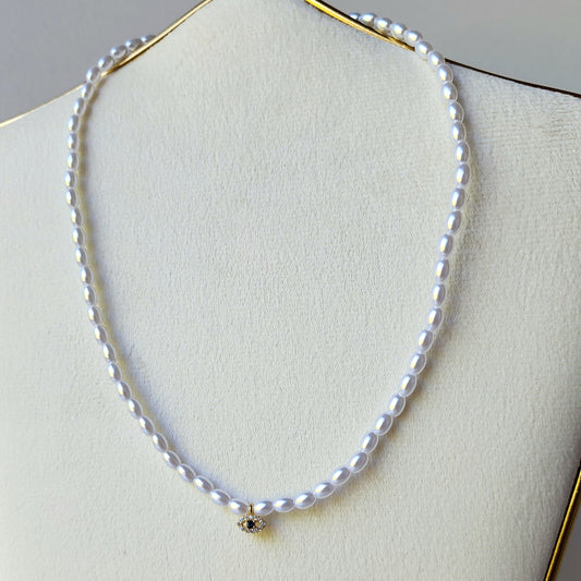 Fresh Water Pearl Necklace with Evil Eye Charm 925 - Crystals and Me | Crystal Candles and Ethically Sourced Crystals