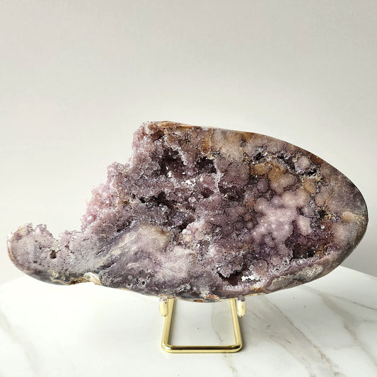 Pink Amethyst Crystal Slab with Cluster and Druzy on stand