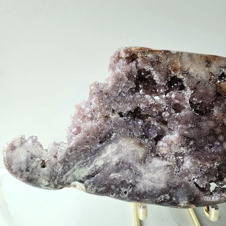 Pink Amethyst Crystal Slab with Cluster and Druzy on stand