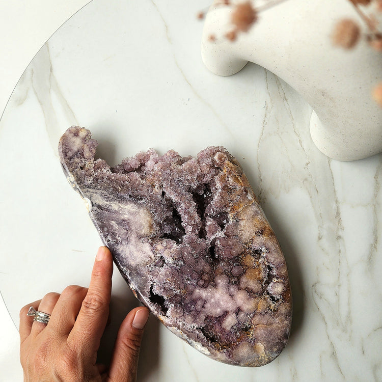 Pink Amethyst Crystal Slab with Cluster and Druzy on stand