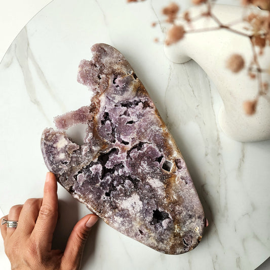 Pink Amethyst Crystal Slab on stand with Druzy Clusters Large