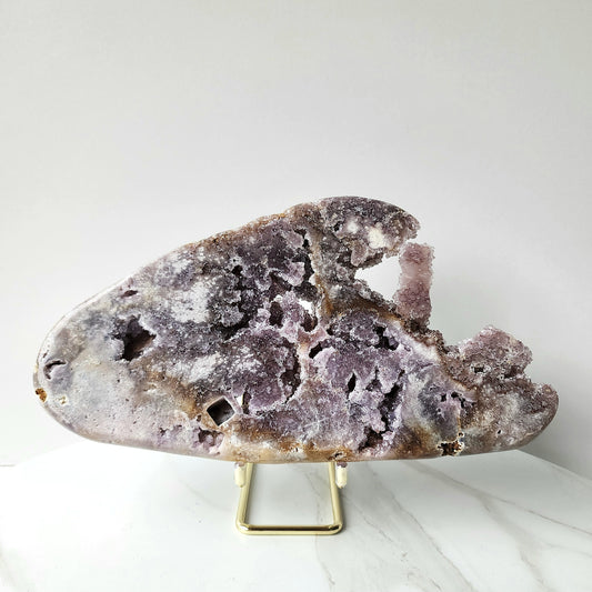 Pink Amethyst Crystal Slab on stand with Druzy Clusters Large