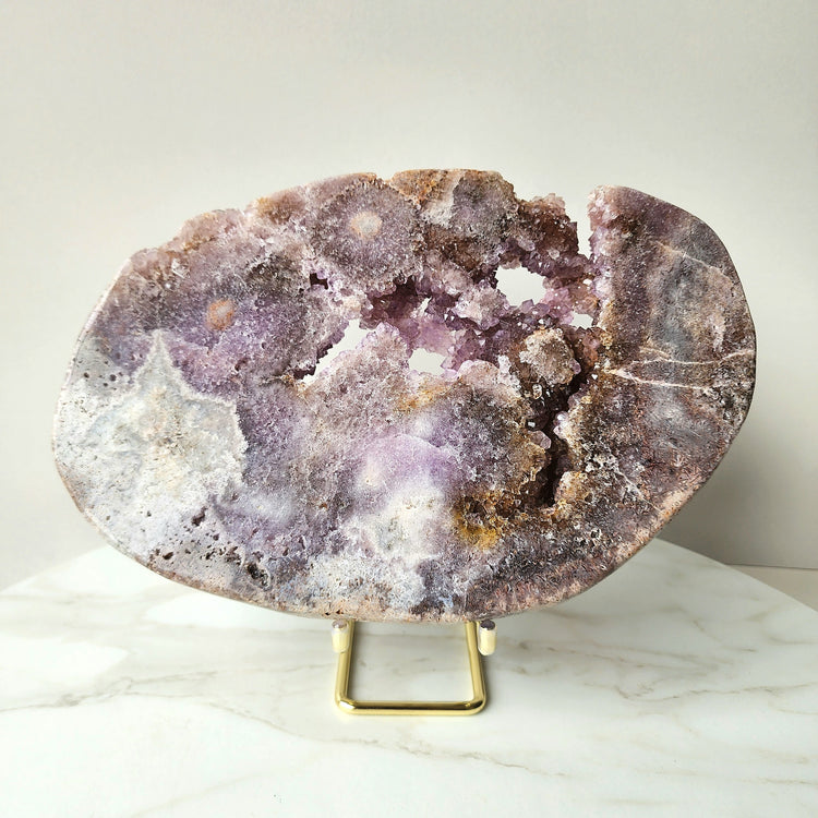 Pink Amethyst Crystal Slab with Druzy Cluster on stand XLarge