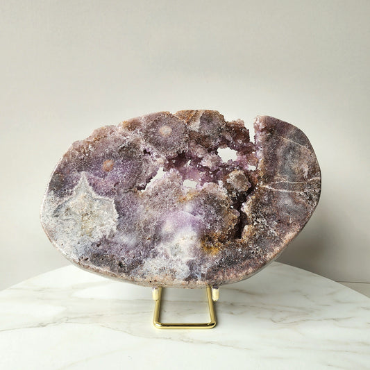 Pink Amethyst Crystal Slab with Druzy Cluster on stand XLarge