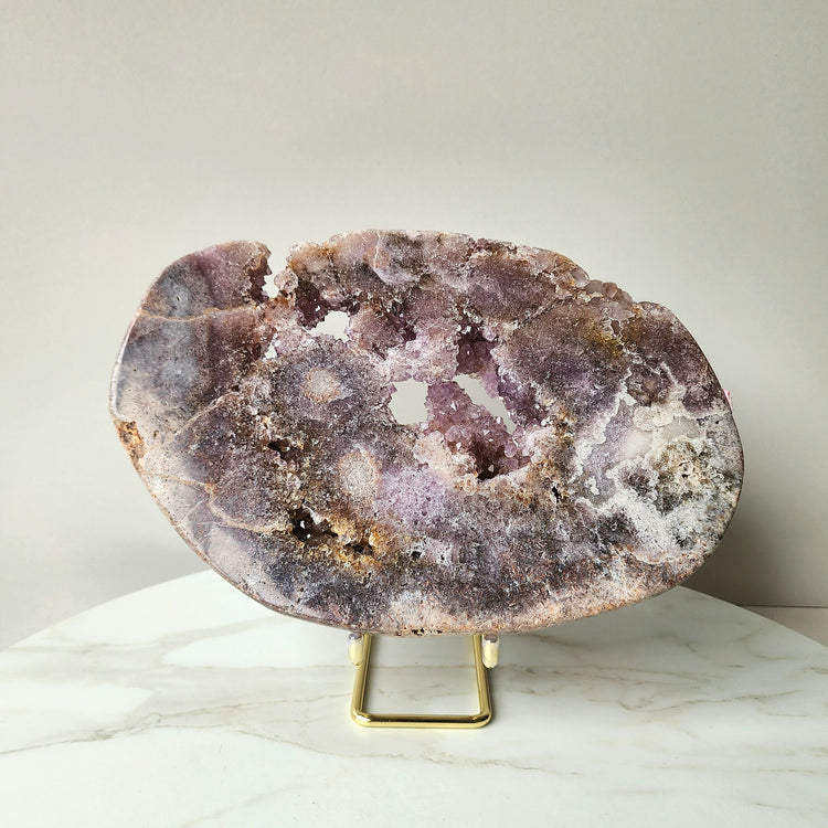 Pink Amethyst Crystal Slab with Druzy Cluster on stand XLarge