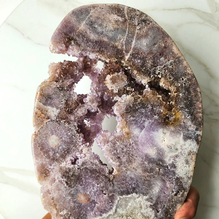 Pink Amethyst Crystal Slab with Druzy Cluster on stand XLarge