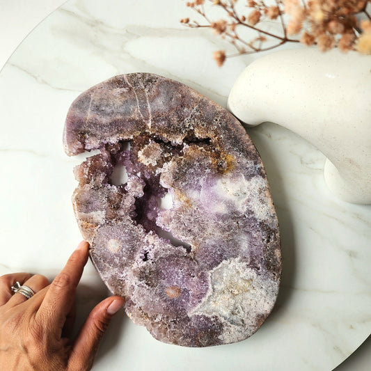 Pink Amethyst Crystal Slab with Druzy Cluster on stand XLarge