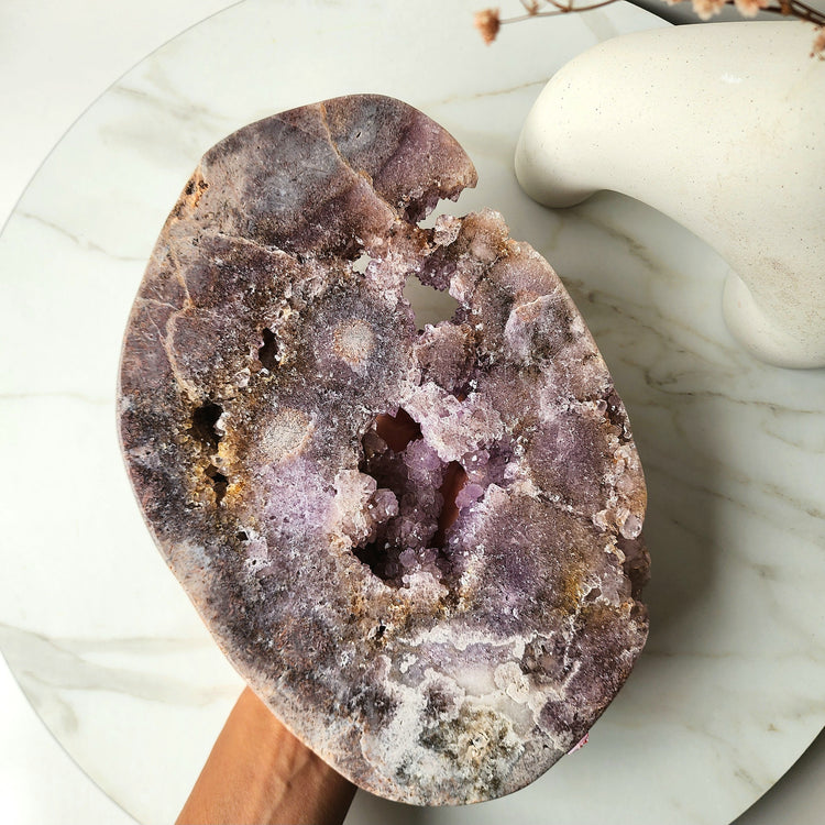 Pink Amethyst Crystal Slab with Druzy Cluster on stand XLarge