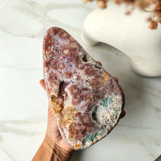 Pink Amethyst Slab Slice with Cluster and Druzy