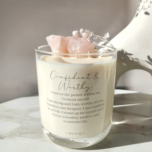 Rose Quartz Crystal Candle 'Confident and Worthy' 450g - Crystals and Me | Crystal Candles and Ethically Sourced Crystals