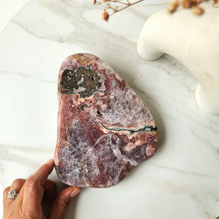 Pink Amethyst Crystal Slab Slice with Cluster on stand AAA