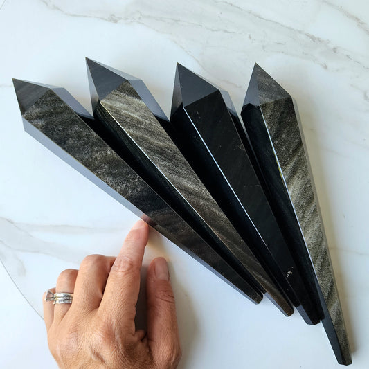Black Obsidian Crystal Gold Sheen Wand on stand