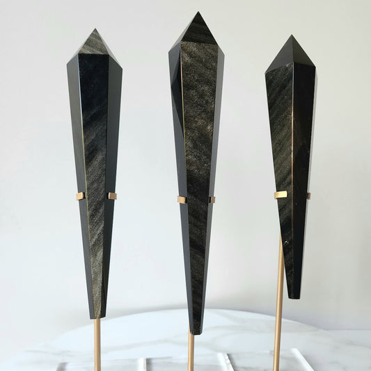 Black Obsidian Crystal Gold Sheen Wand on stand