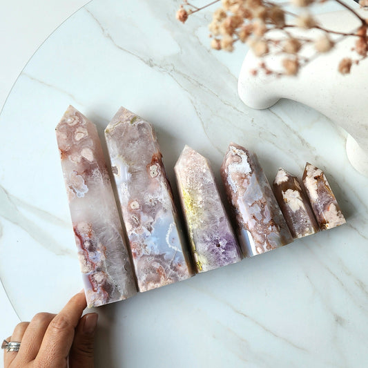 Rare Pink Amethyst Crystal with Cherry Blossom Flower Agate Obelisk Tower