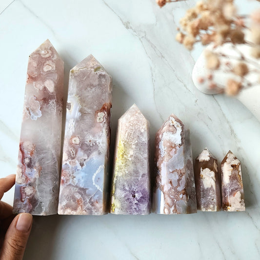 Rare Pink Amethyst Crystal with Cherry Blossom Flower Agate Obelisk Tower