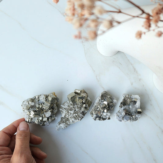 Pyrite Crystal Cubes in Quartz Cluster