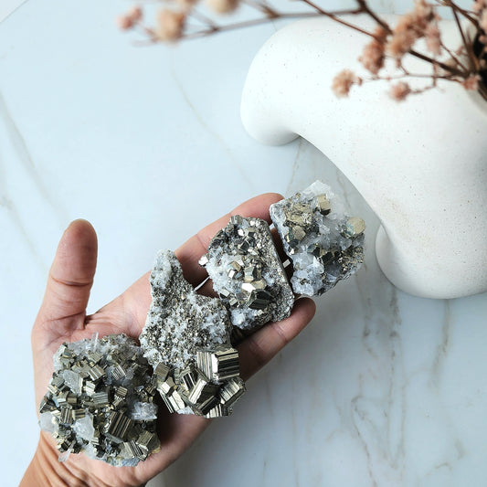 Pyrite Crystal Cubes in Quartz Cluster