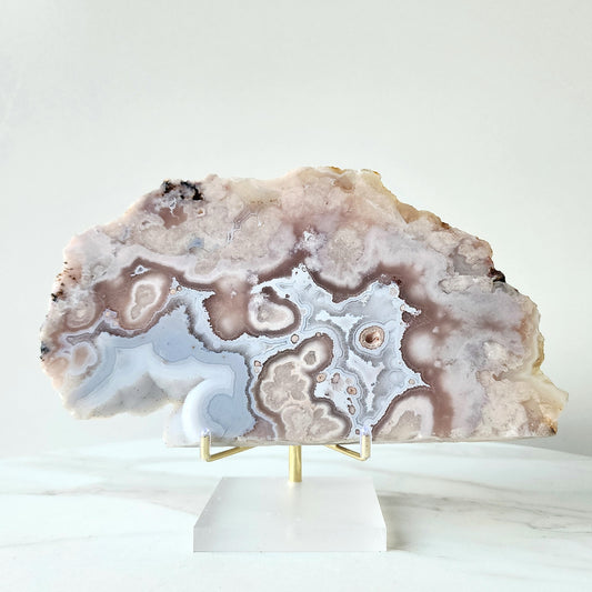 Rare Pink Amethyst Crystal with Cherry Blossom Flower Agate Slab Slice with stand