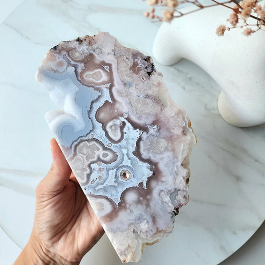 Rare Pink Amethyst Crystal with Cherry Blossom Flower Agate Slab Slice with stand