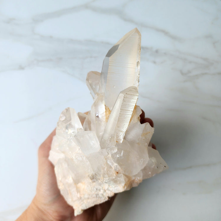 Clear Quartz Cluster with Lemurian Inclusion on custom stand