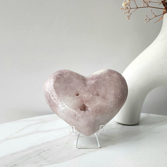 Pink Amethyst Crystal Heart with Cluster on stand