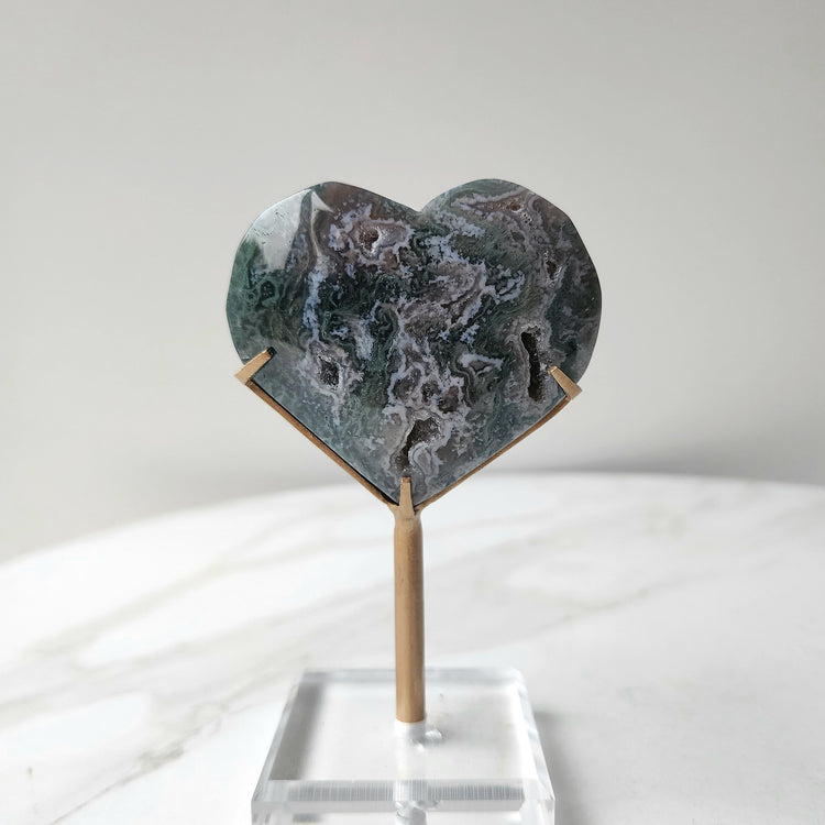 Moss Agate Pink Green Heart Small AAA on Stand
