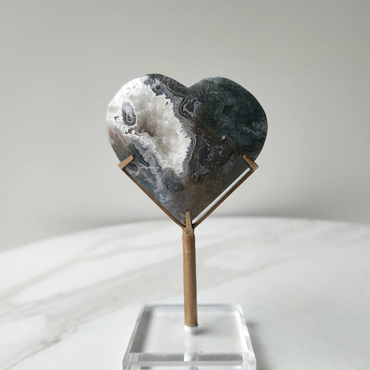Moss Agate Pink Green Heart Small AAA on Stand