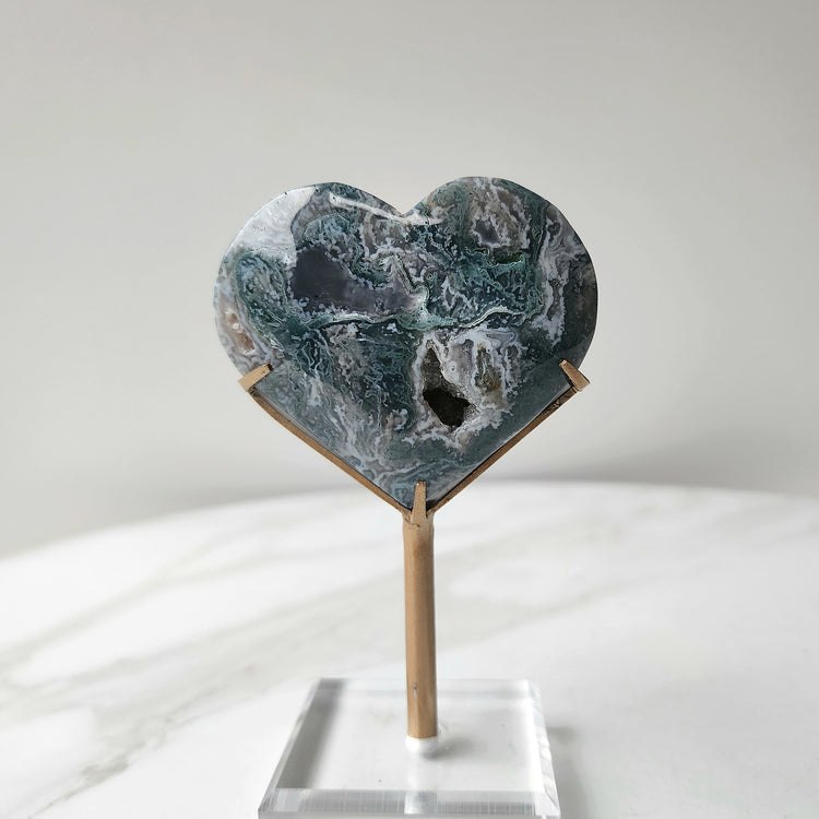 Moss Agate Pink Green Heart Small AAA on Stand