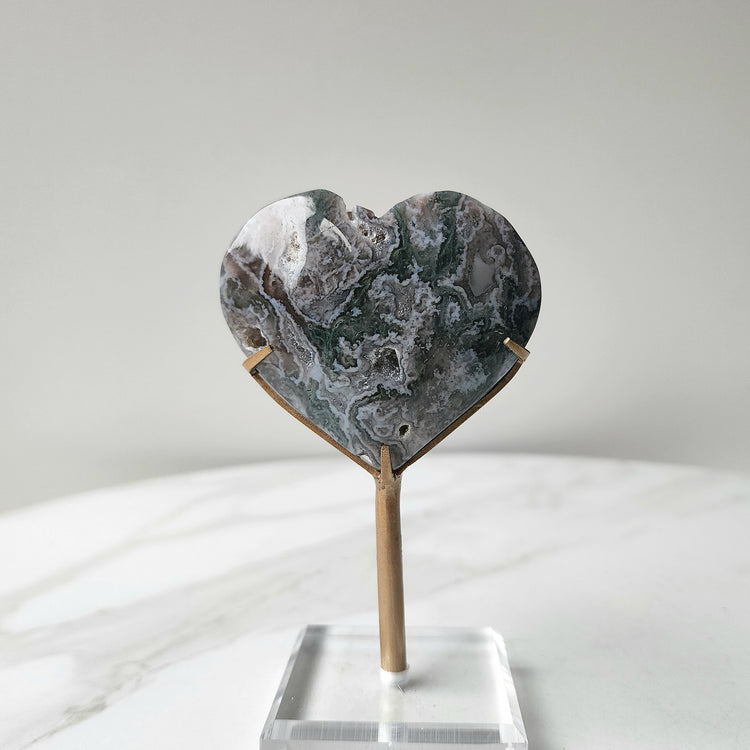 Moss Agate Pink Green Heart Small AAA on Stand