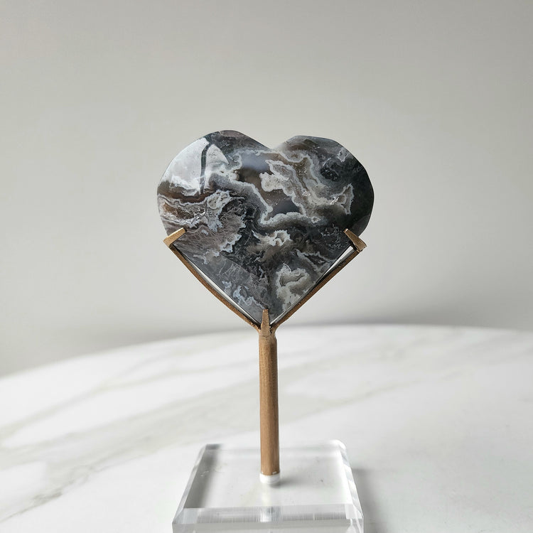 Moss Agate Pink Green Heart Small AAA on Stand