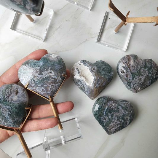 Moss Agate Pink Green Heart Small AAA on Stand