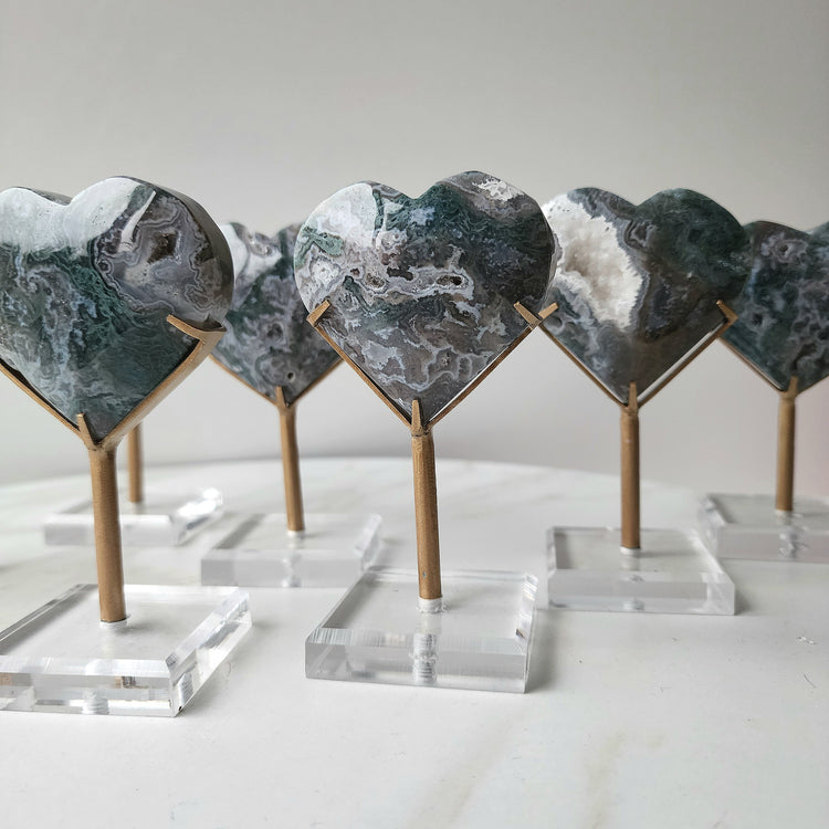 Moss Agate Pink Green Heart Small AAA on Stand