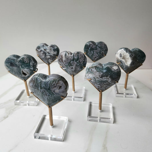 Moss Agate Pink Green Heart Small AAA on Stand