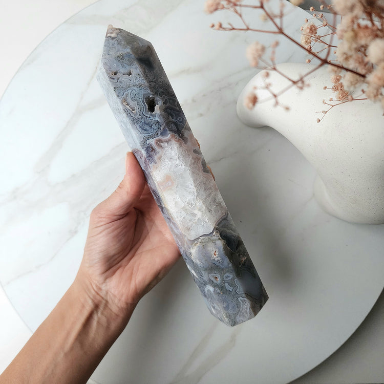 Pink Moss Agate Rare Crystal Obelisk Tower Point 2