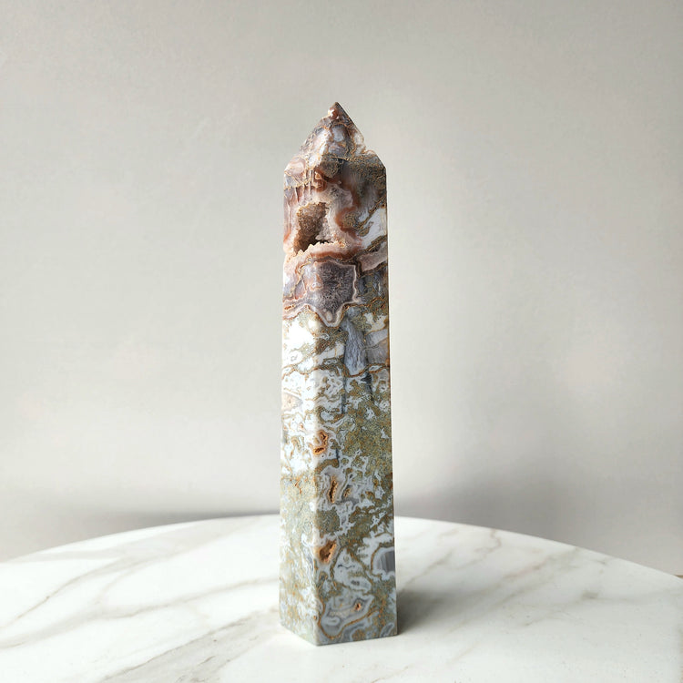 Pink Moss Agate Crystal Obelisk Tower Point 2