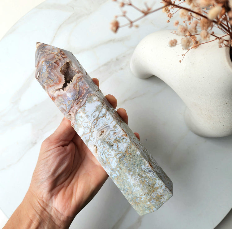 Pink Moss Agate Crystal Obelisk Tower Point 2